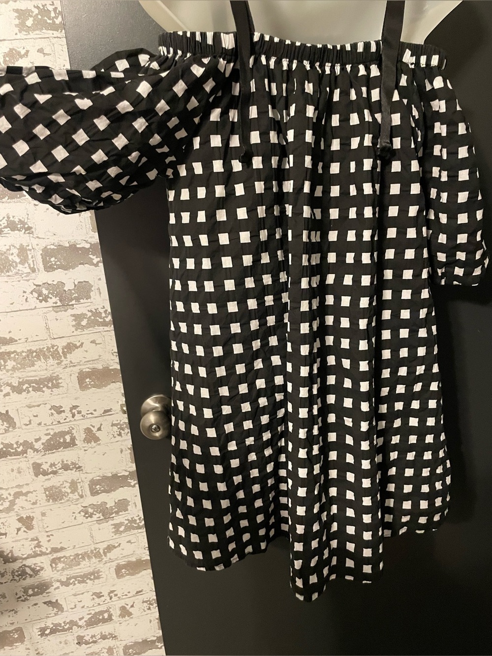 Setirom Black White Check Puff Sleeve Off Shoulder Mini Dress Small - Picture 6 of 9